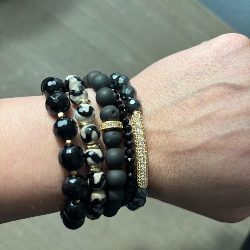 Handmade Black Gemstone Bracelet Stack Set of 5 NWT Onyx Agate